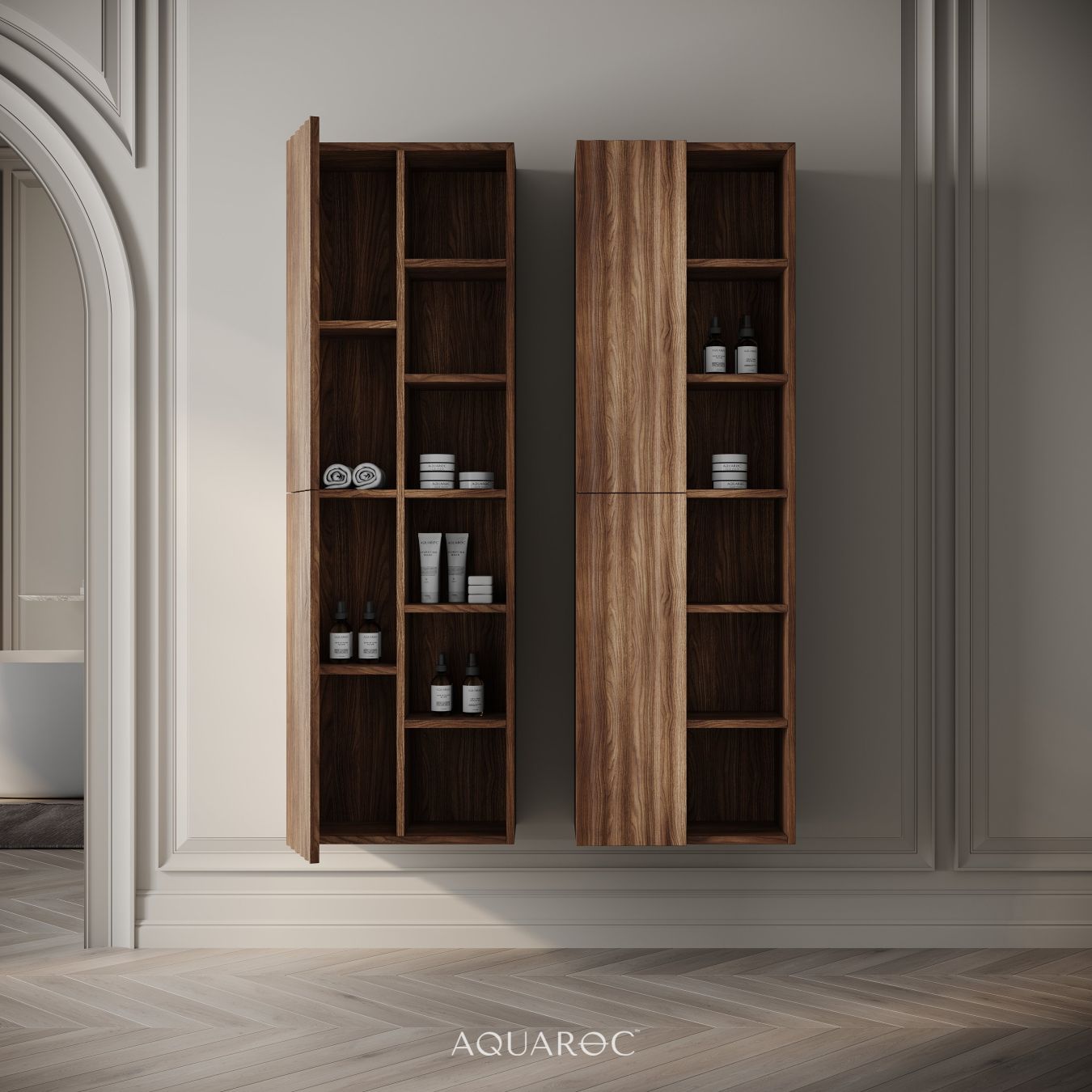 Wall Hung Fluted Bathroom Storage Unit 500mm Walnut