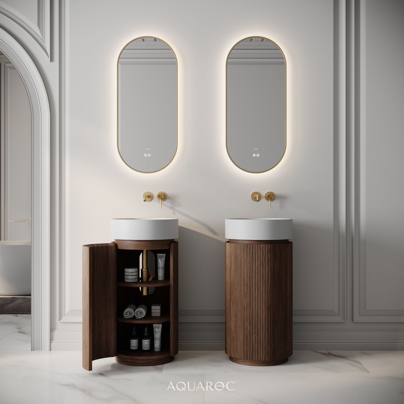 Rotunda Fluted Vanity Unit & Stone Basin 420mm Walnut
