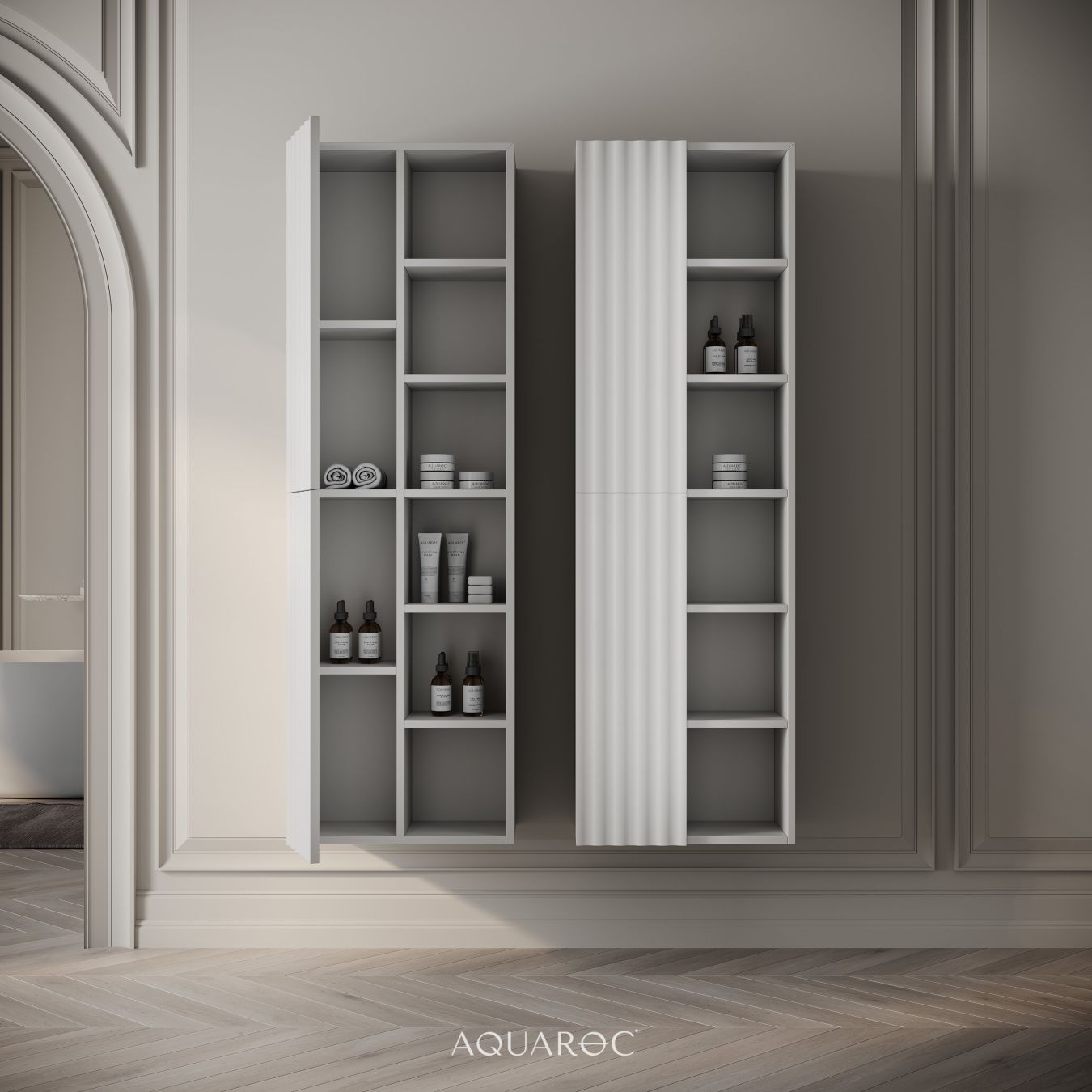 Wall Hung Fluted Bathroom Storage Unit 500mm Warm Grey