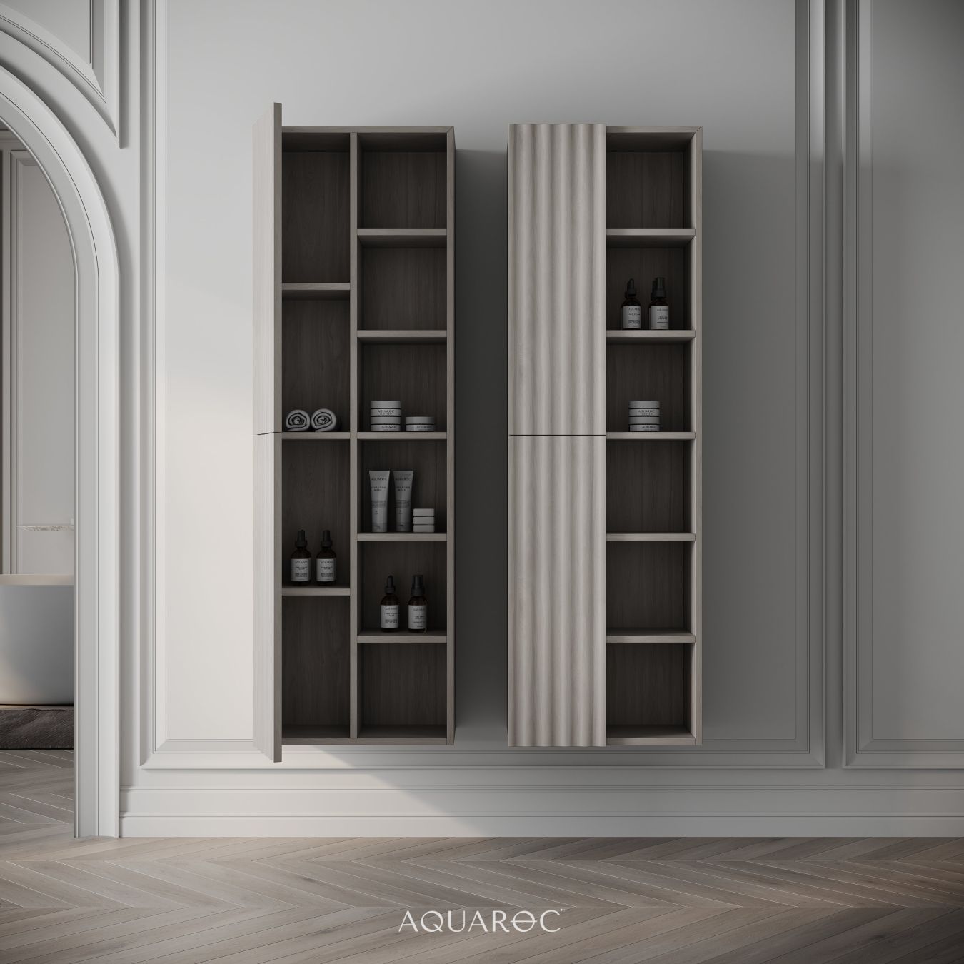Wall Hung Fluted Bathroom Storage Unit 500mm Sabbia Grigio Oak