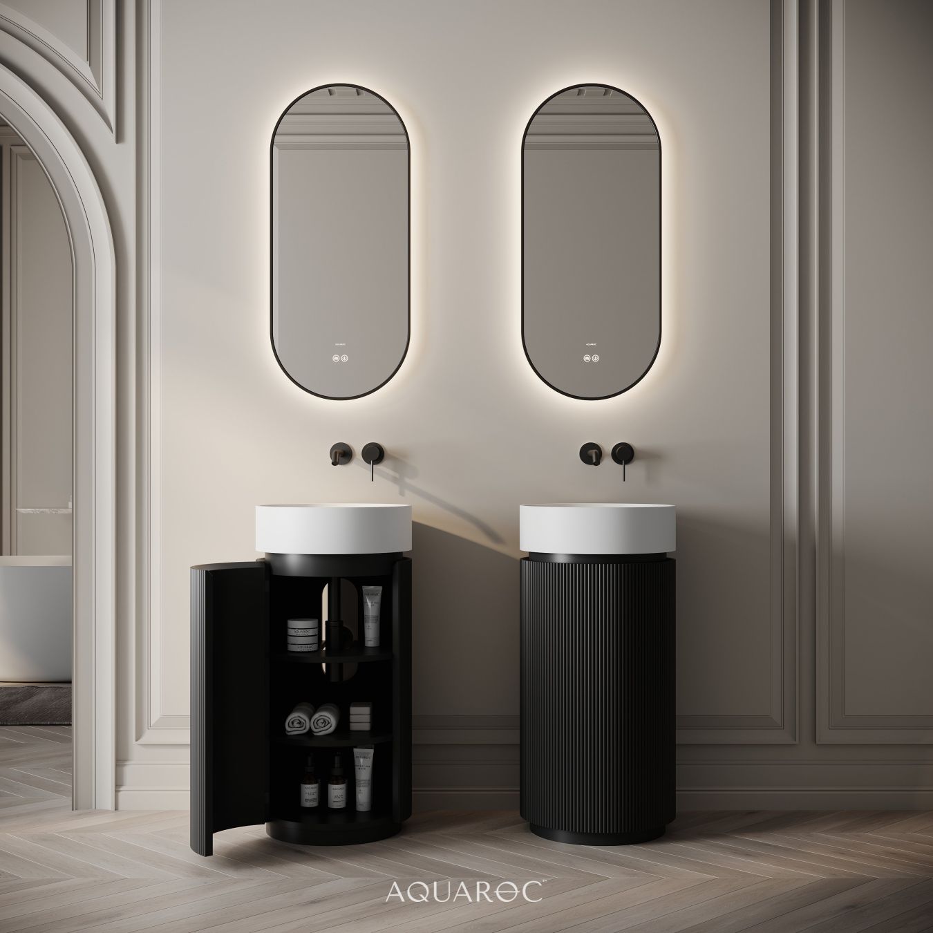Rotunda Fluted Vanity Unit & Stone Basin 420mm Matte Black