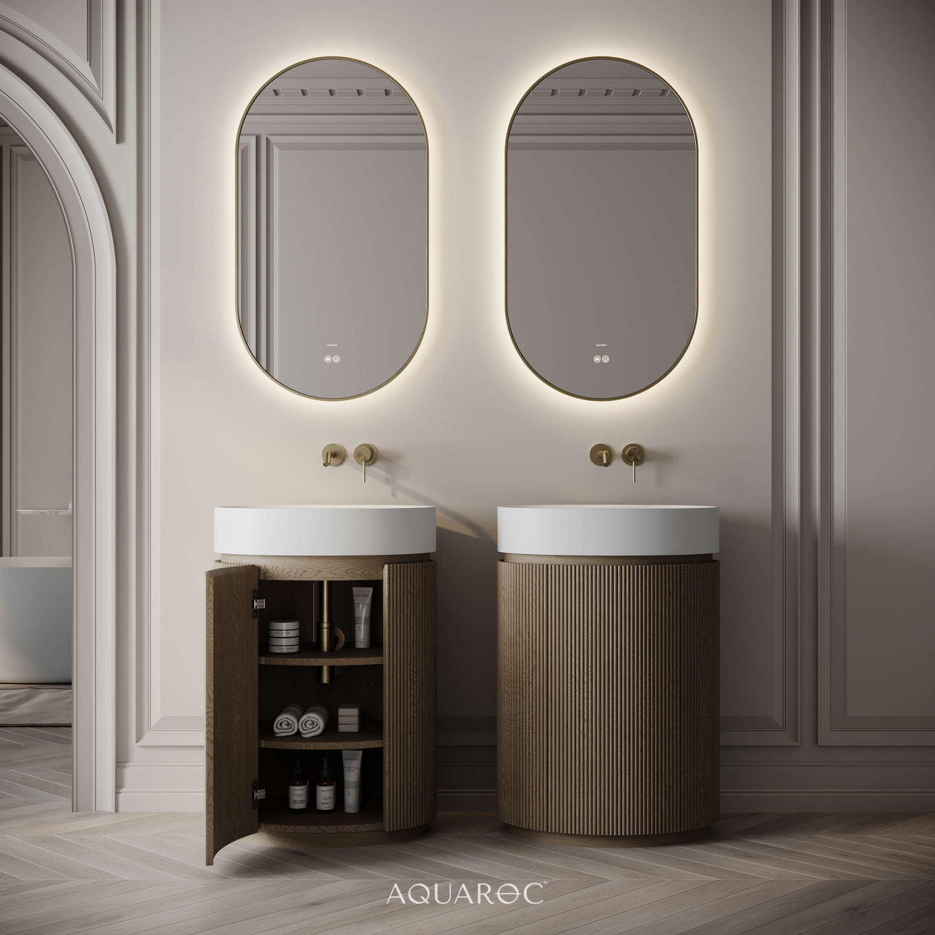 Rotunda Fluted Vanity Unit & Stone Basin 600mm Smoked Oak