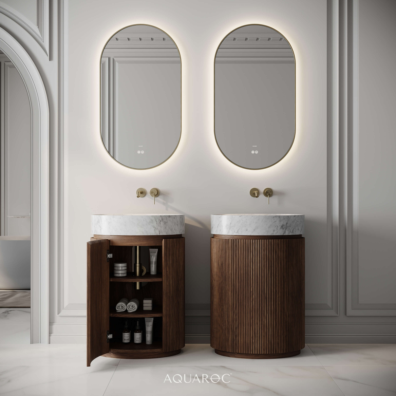 Rotunda Fluted Vanity Unit & Carrara Marble Basin 600mm Walnut