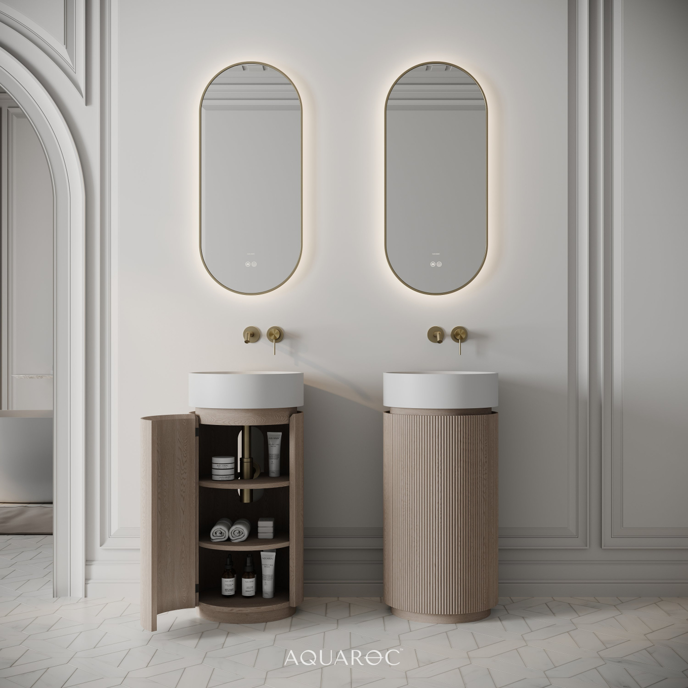 Rotunda Fluted Vanity Unit & Stone Basin 420mm Natural Oak