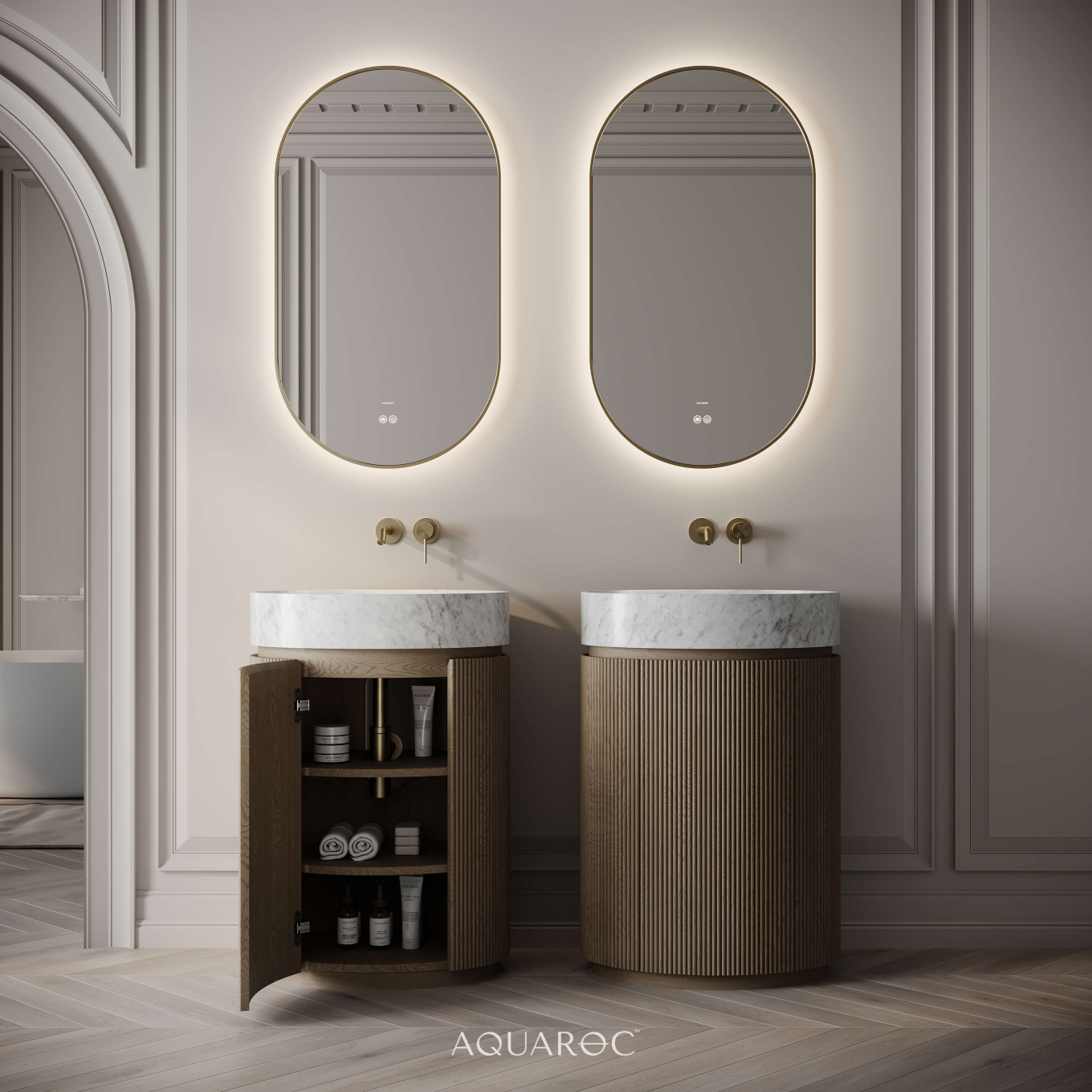 Rotunda Fluted Vanity Unit & Carrara Marble Basin 600mm Smoked Oak