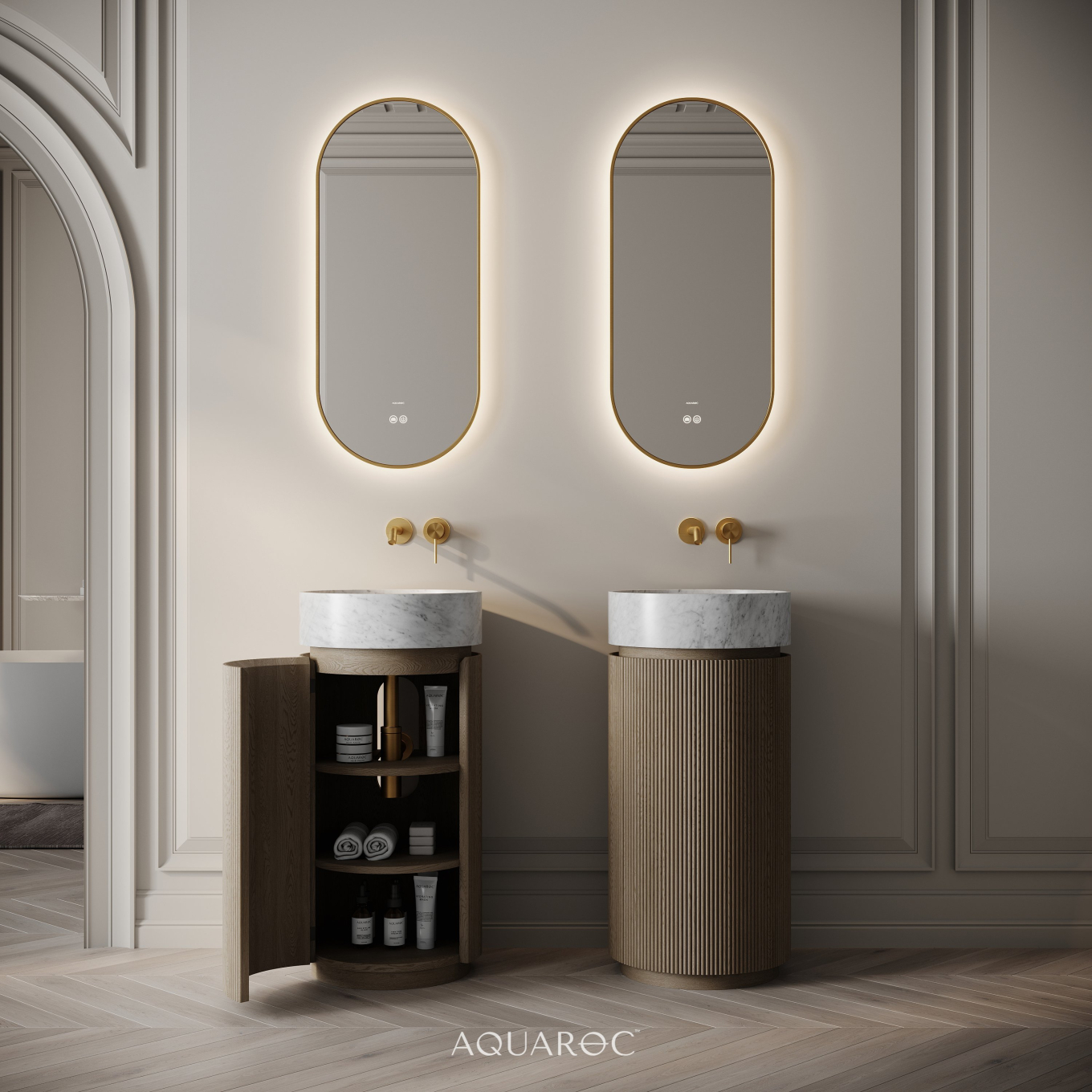 Rotunda Fluted Vanity Unit & Carrara Marble Basin 420mm Smoked Oak