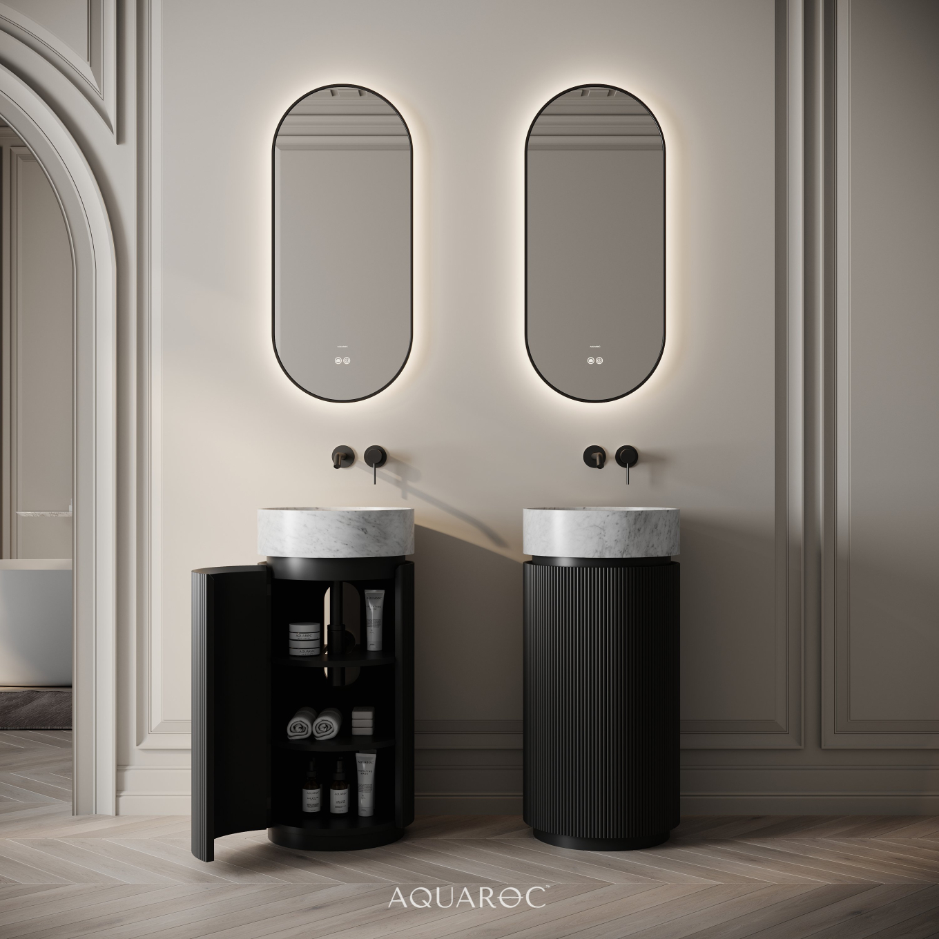 Rotunda Fluted Vanity Unit & Carrara Marble Basin 420mm Matte Black