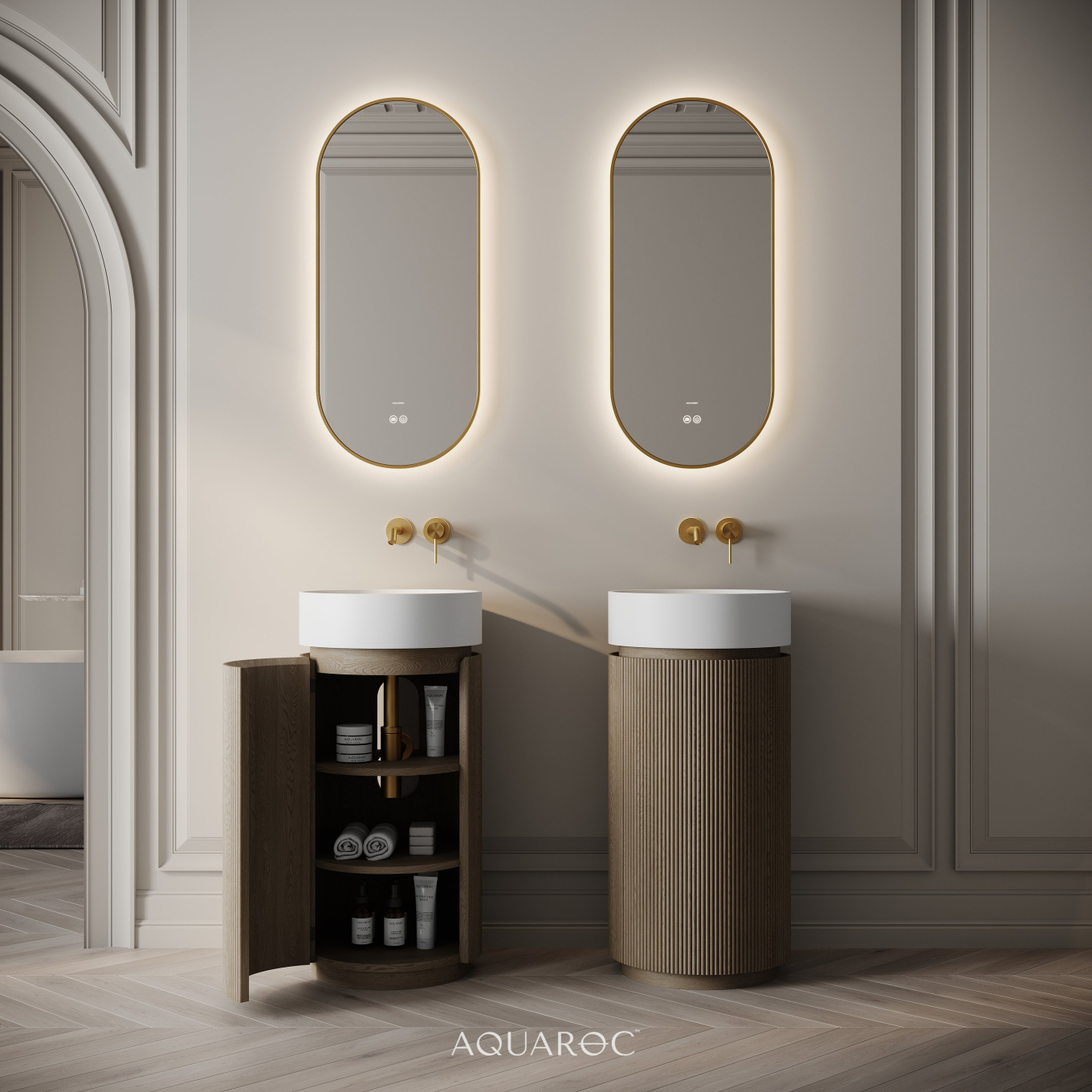 Rotunda Fluted Vanity Unit & Stone Basin 420mm Smoked Oak