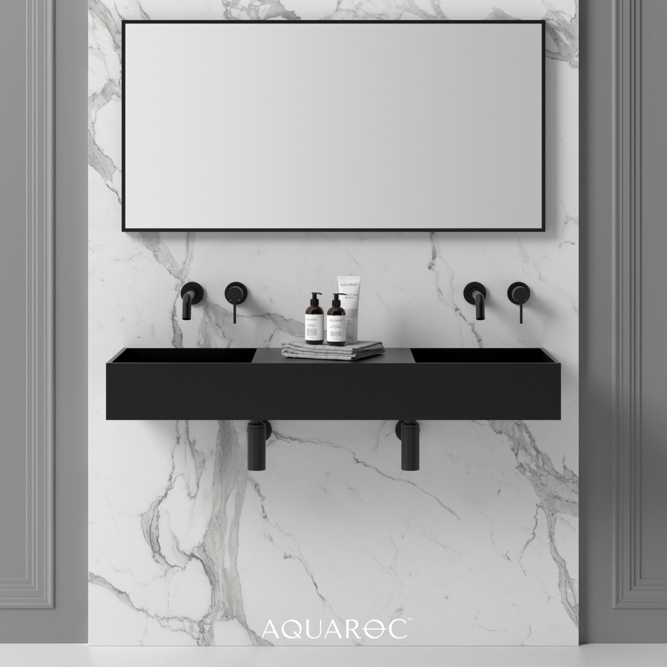 Atlante Matte Black Wall Hung Double Stone Basin 1200mm