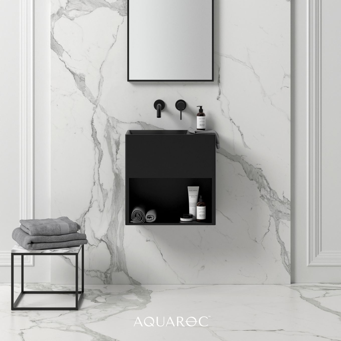 Ethos Matte Black Wall Hung Stone Basin 500mm