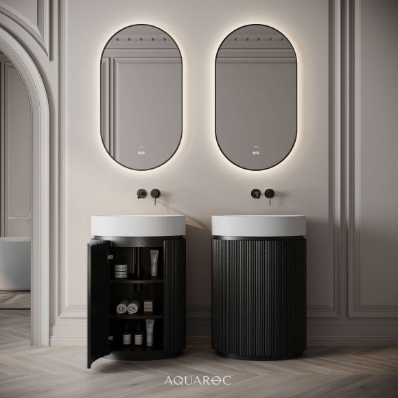 Rotunda Fluted Vanity Unit & Stone Basin 600mm Black Oak