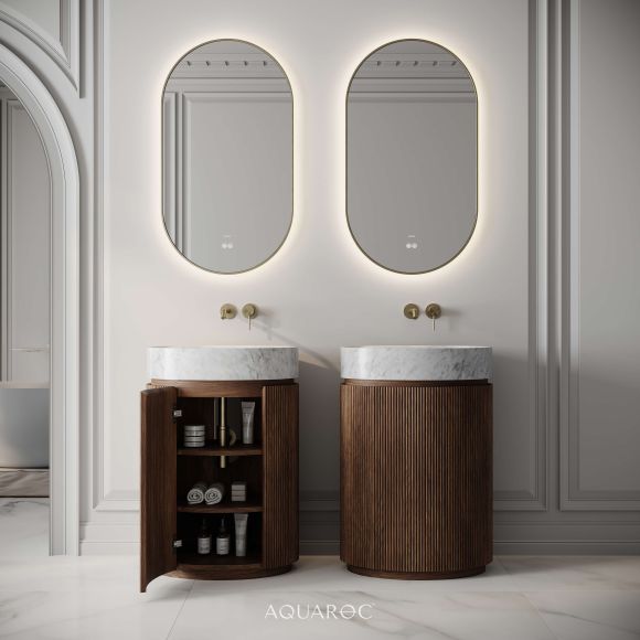 Rotunda Fluted Vanity Unit & Carrara Marble Basin 600mm Walnut