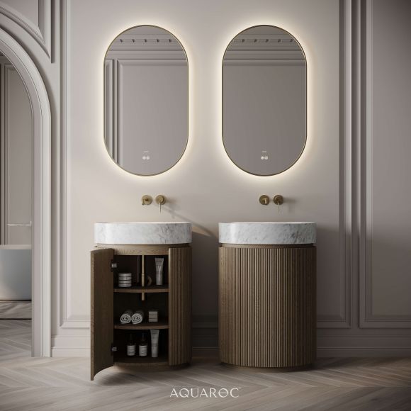 Rotunda Fluted Vanity Unit & Carrara Marble Basin 600mm Smoked Oak