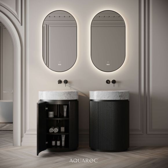 Rotunda Fluted Vanity Unit & Carrara Marble Basin 600mm Black Oak