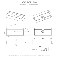Neo Matte Black Wall Hung Stone Basin 900mm