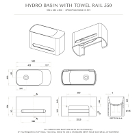 Hydro Matte Black Wall Hung Stone Basin 550mm Towel Hole